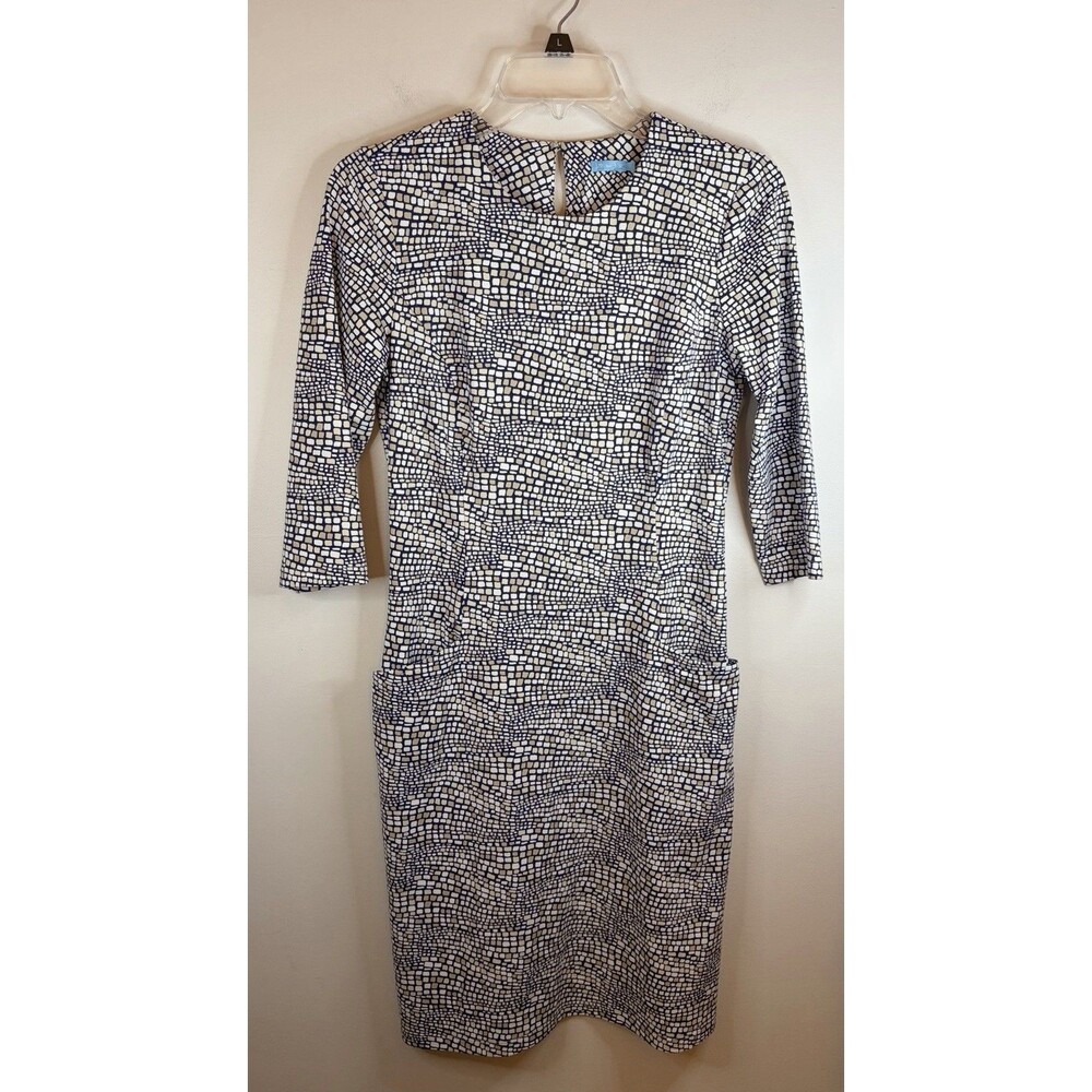 J. MCLAUGHLIN Catalyst Sheath Dress Navy Tan Mosaic Small Catalina Cloth Pockets